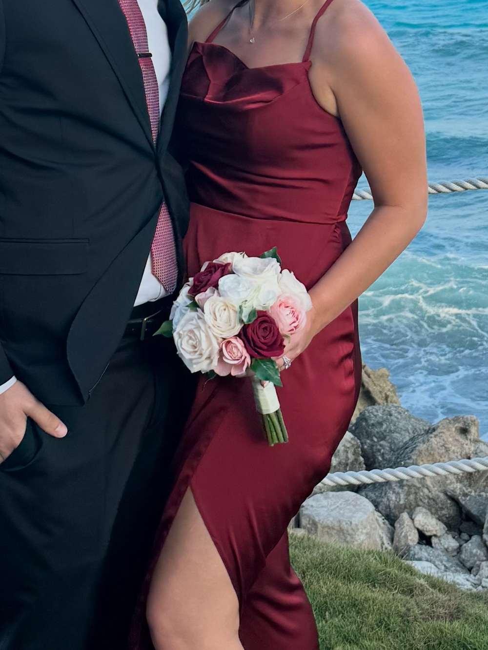 Azazie Burgundy Satin High-Low Dress with Side Slit